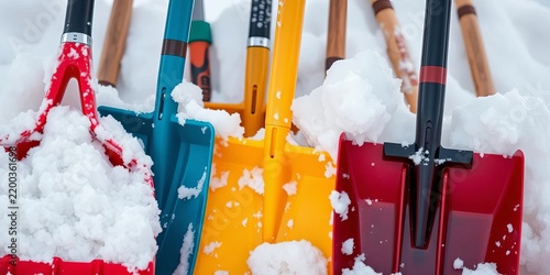 Close-up of several snow shovels, various sizes and styles,   supplies,   snow scoop