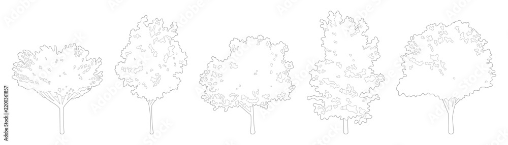 Obraz premium Isometric tree line drawing set featuring detailed foliage crowns, slender trunks and branch line art elements for architectural entourage and CAD elevation project design.