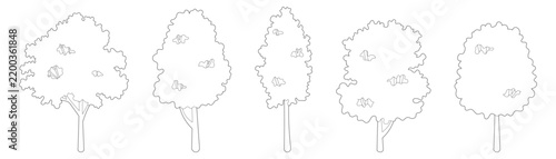Obraz na plátně Simple isometric tree line drawing set featuring minimal broadleaf foliage outlines for architectural entourage, landscape elevation and CAD diagram design