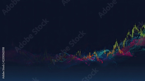 Abstract dark financial market background with colorful glowing chart lines and digital data points, stock trading, analytics, investment and fintech concept