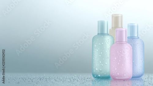 Minimal cosmetic bottles on a soft blue background with water droplets, skincare product display, hydration, beauty packaging, wellness and clean branding concept
