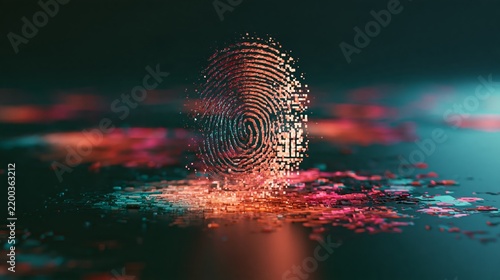 Glowing neon digital fingerprint made of dispersing pixels and particles above a reflective surface, representing biometric authentication, cybersecurity and identity verification