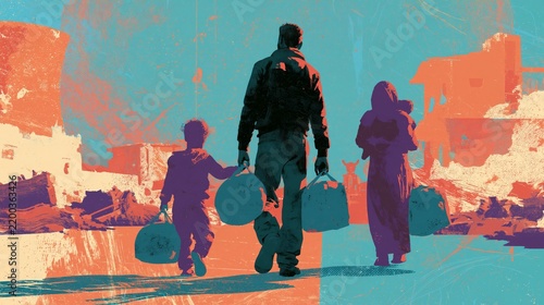 Silhouetted family of three carrying bags and suitcases across a desolate urban landscape, evoking forced migration, displacement and a perilous journey through ruined streets