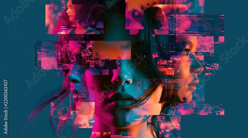Fragmented neon portrait of a woman's face made from overlapping profiles, digital glitch fragments and multiexposure collage evoking cyberpunk and surreal abstract imagery