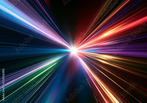 A radiant burst of multicolored light streaks converges at the center. These vibrant beams display high intensity with smooth, linear motion. This dynamic visual suits futuristic and.