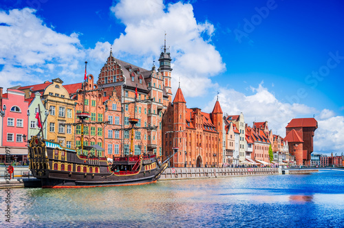 Historic Motlawa river waterfront and colorful architecture in Gdansk, Poland