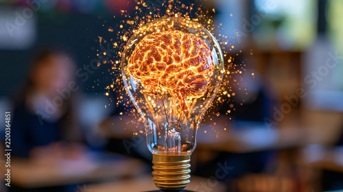 A glowing transparent light bulb with an anatomically detailed brain suspended inside, surrounded by subtle floating educational symbols and particles, symbolic concept of teachers inspiring minds, 