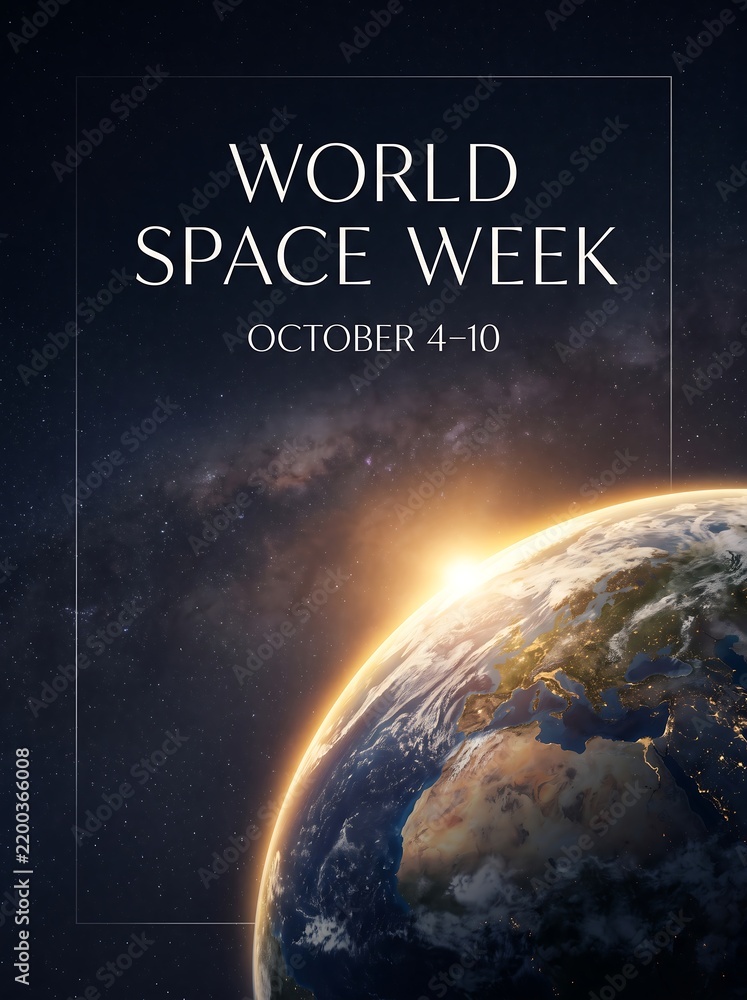 Fototapeta premium World Space Week poster with earth view and starry night sky background