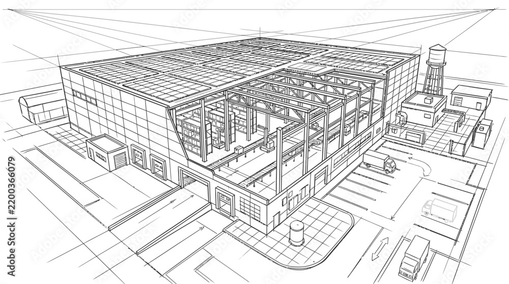 Fototapeta premium Distribution center cross section technical drawing highlighting interior warehouse storage and logistics.