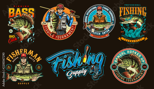 Each design features anglers with fish or gear