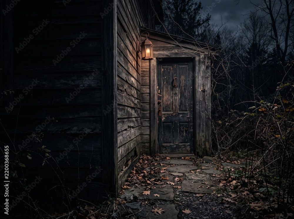 Fototapeta premium Creepy vintage wooden door with lantern in a dark forest at Halloween night