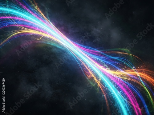 ia generated diagonal view of glowing neon energy light waves in blue purple and orange colors isolated on black background. Abstract technology wave mockup.
