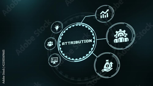 Marketing attribution concept displaying business performance icons on futuristic digital interface.