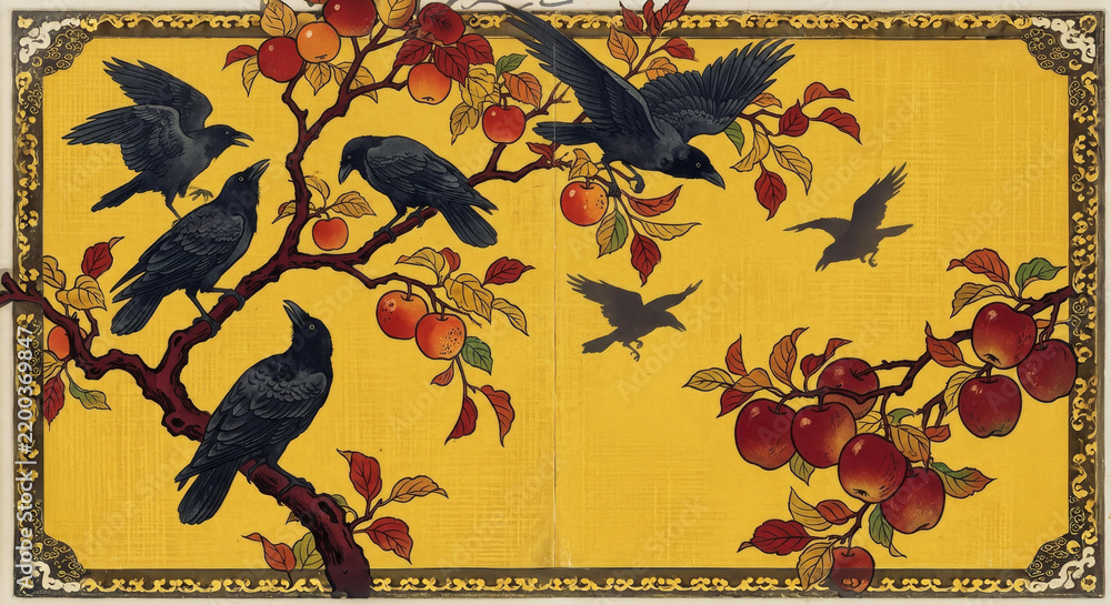 Obraz premium An Asian-style artwork showing black crows perched and flying around an apple tree laden with red apples against a yellow background.