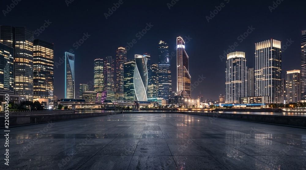 Fototapeta premium Sleek urban skyline at night with geometric buildings, soft window lights, empty foreground and refined atmosphere for premium branding, finance and technology campaigns