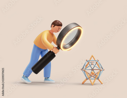 Man Examining Geometric Structure with Giant Magnifying Glass