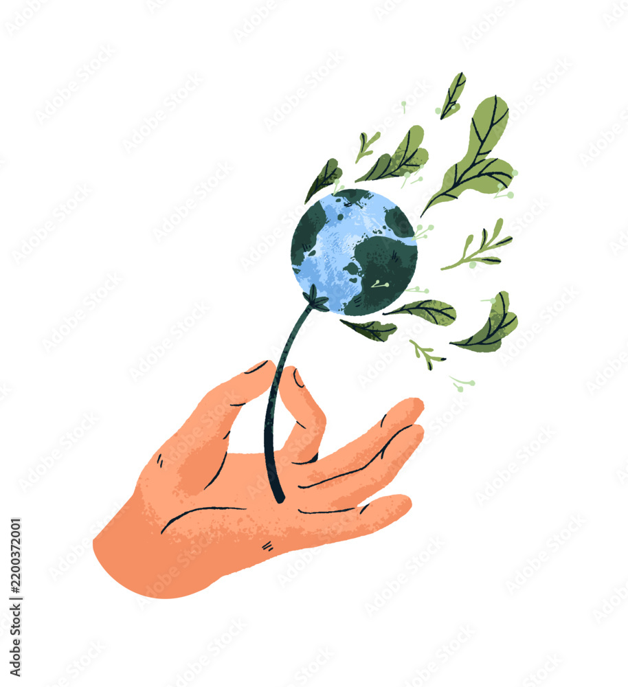 Obraz premium Concept of caring for ecology and environment. Hand holding Earth globe like a blowball flower for stem. Saving nature. Environmental protection. Flat isolated drawing vector illustration on white
