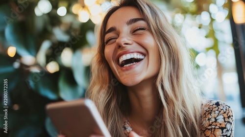 woman laughing while looking at her phone; spontaneous moment generative ai