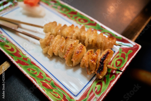 Grilled chicken skin skewers rest on a decorative ceramic plate with red and green patterns. Ideal for culinary travel editorials regional food blogs and commercial restaurant menus.