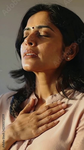 Vertical video: Putting hand on chest, woman calming breath home with pale-pink blouse bindi pearls