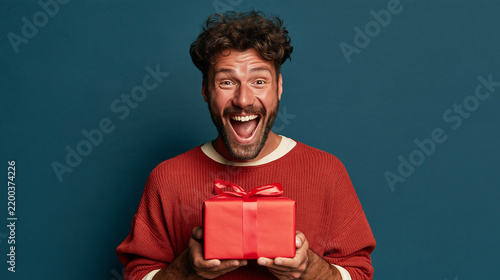 Excited man with curly hair holds a red gift box against a blue background.