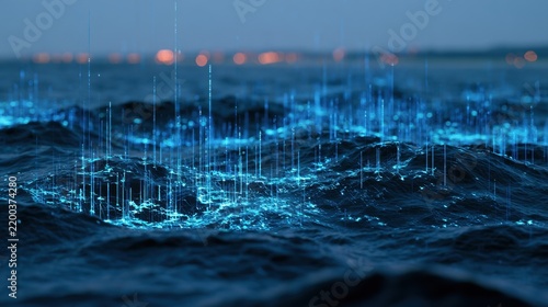 Abstract digital data visualization over dark textured surface with glowing blue vertical light lines and network grid pattern in futuristic style