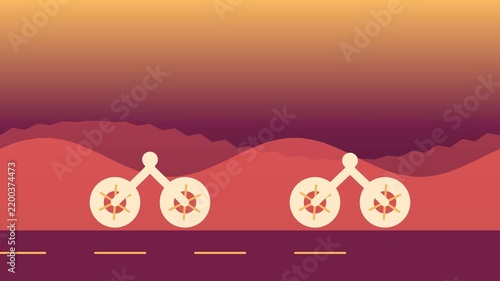 Minimalist bicycle animation on desert road, stylized cycling motion graphic, retro sunset landscape with rolling hills and flat vector art