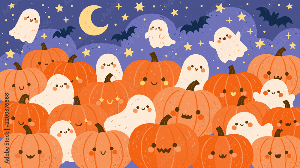 Obraz premium かわいいハロウィンの背景（カボチャとお化け）