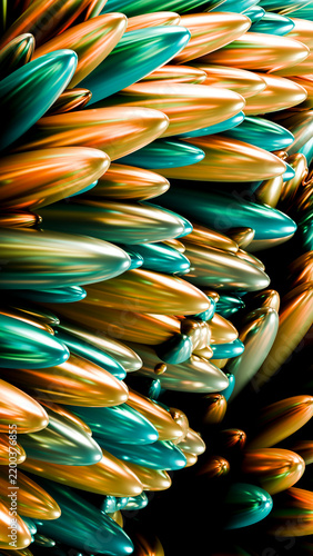 Abstract design of elongated shiny metallic shapes in orange and teal