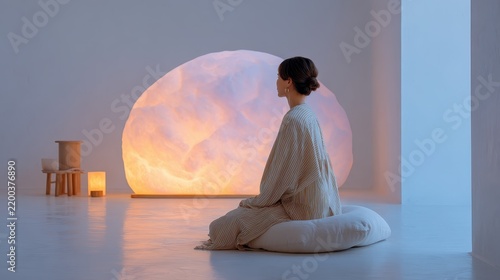 Woman sitting in a meditative pose in front of a large glowing moon lamp in a minimalist room