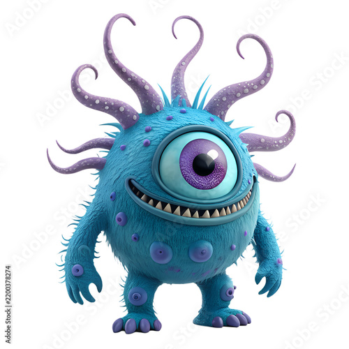 Fantasy Blue and Purple One-Eyed Tentacle Alien Monster Character 3D Illustration Isolated on Clean White Background Stock Photo   