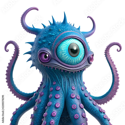 Fantasy Blue and Purple One-Eyed Tentacle Alien Monster Character 3D Illustration Isolated on Clean White Background Stock Photo   