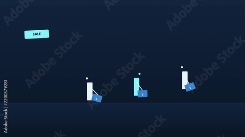 Minimalist shopping sale animation, stylized characters carrying blue shopping bags, flat motion graphic design for retail promotion and e-commerce marketing