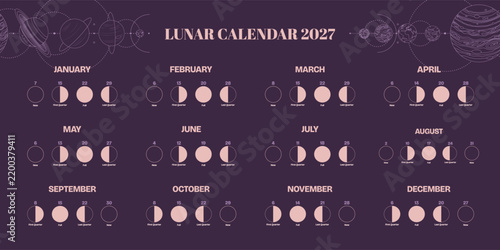 Lunar northern calendar 2027 on purple background. Astrology vector illustration