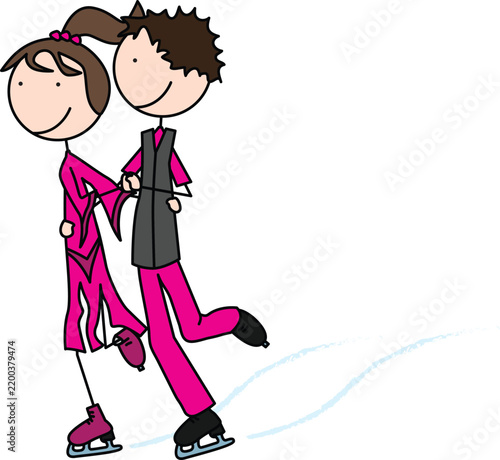A cut vector illustration of happy kids ice skating together in matching bright pink costumes on a white background.