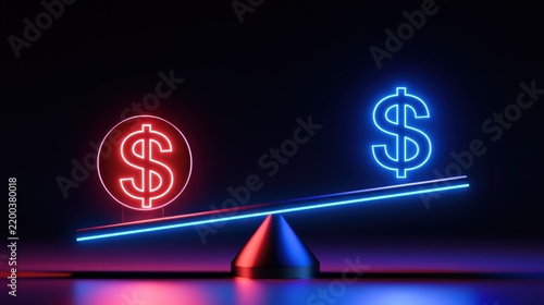 Neon glowing red dollar sign and blue dollar sign on a seesaw scale representing financial balance and currency comparison concept