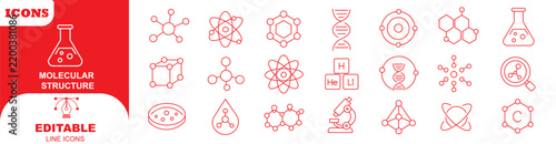 Chemistry, Molecular Structure line icon set. Molecule, DNA, atom, chromosome, niacinamide, collagen, acid linear minimal vector illustration. Simple outline sign. 48x48 Pixel Perfect. Editable Stroke