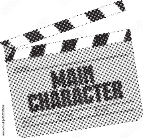 Movie clapperboard graphic with main character text and retro texture black and white clapperboard