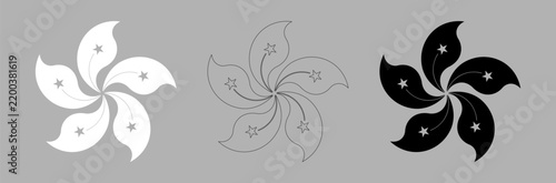 Orchid tree flower silhouette from Hong Kong flag black, white, black contour outline icon, sticker set.