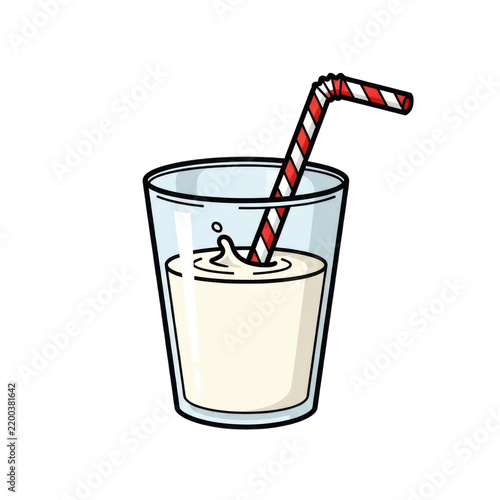 a clear glass filled with creamy milk, topped with a red and white striped straw creating a splash as its being consumed