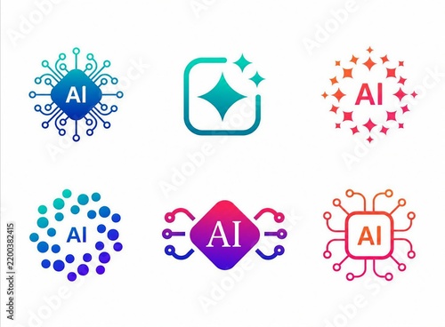 Colorful artificial intelligence logo icons set with futuristic design elements