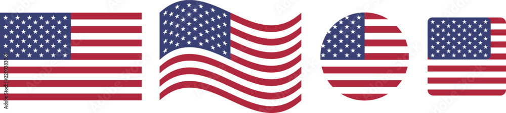 Fototapeta premium United States American flag collection featuring stars and stripes in rectangular, waving, circular and rounded rectangular shapes, patriotic national symbols for travel, branding and vector design