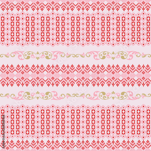 Elegant Pink and Red Thai Silk Floral Pattern with Delicate Gold Flowers, Traditional Textile Design for Background, Fabric, Gift Wrapping Paper, Ceramic and Decorative Surfaces