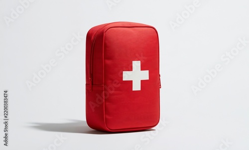 Red first aid kit medical bag with white cross isolated on white studio