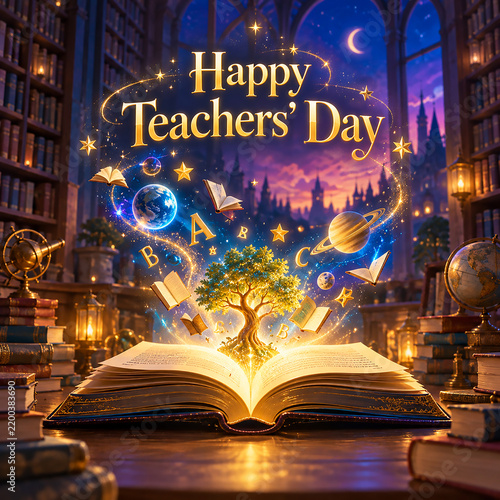 Happy Teachers Day Greeting Card Banner with Education and School Theme