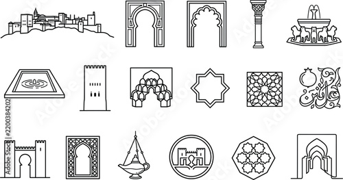 Islamic Architecture Icon Set Featuring Alhambra Palace Arches Columns Geometric Patterns and Arabic Calligraphy Line Art Elements for Cultural Branding Logos