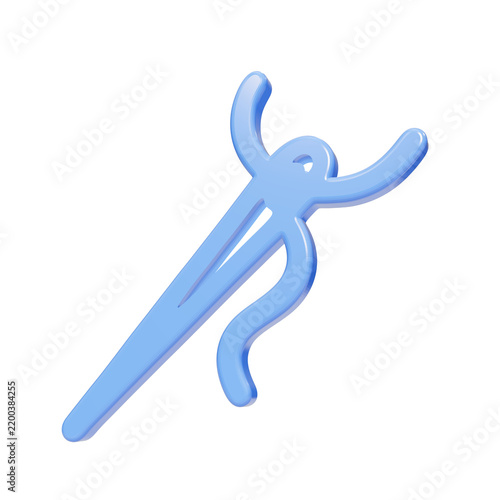 Blue glossy 3D sewing needle with thread icon on black background