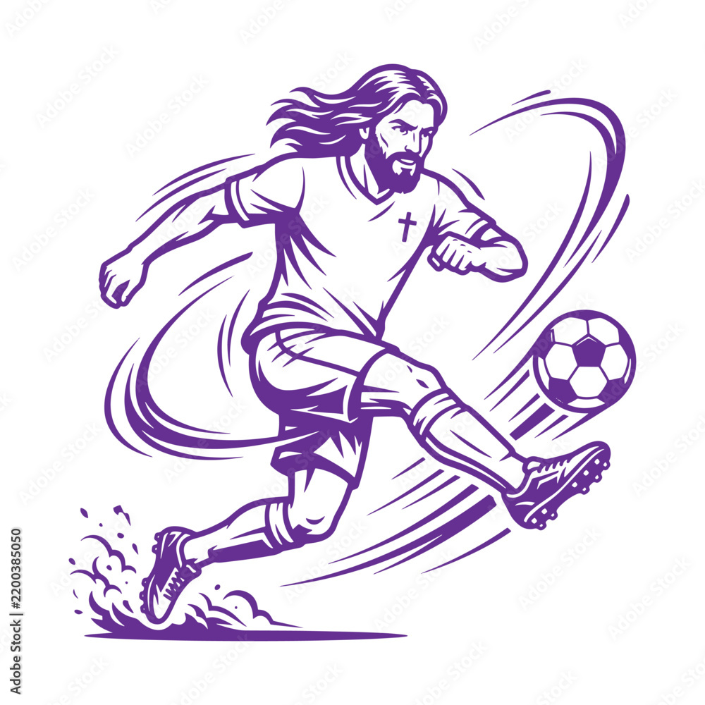 Fototapeta premium Jesus Christ kicking soccer ball line art vector illustration