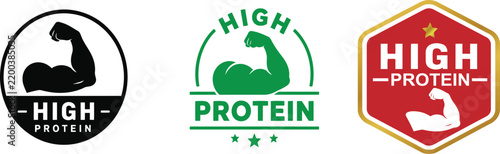 High protein food labels with bicep muscle icons, set of 3 nutritional supplement badges, fitness and bodybuilding product stickers for packaging on transparent background