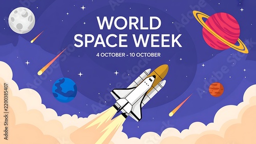 World space week illustration with rocket and planets